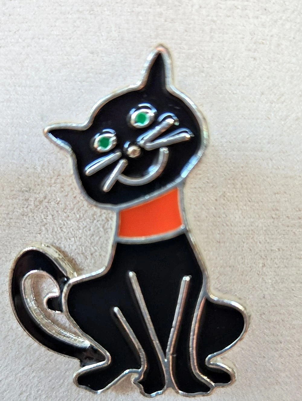 Enamel Cat Brooch in Black, Orange & Silver Green Eyes